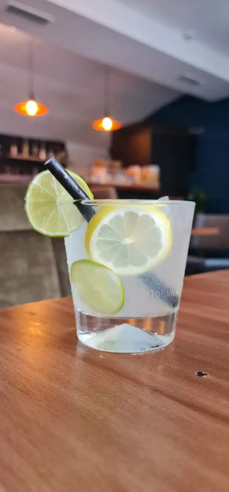Gin and tonic in a tumbler with lime and lemon slices and a black straw.