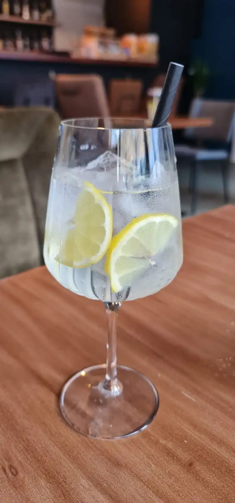 Gin and tonic in a large wine glass with lemon slices, bar behind.